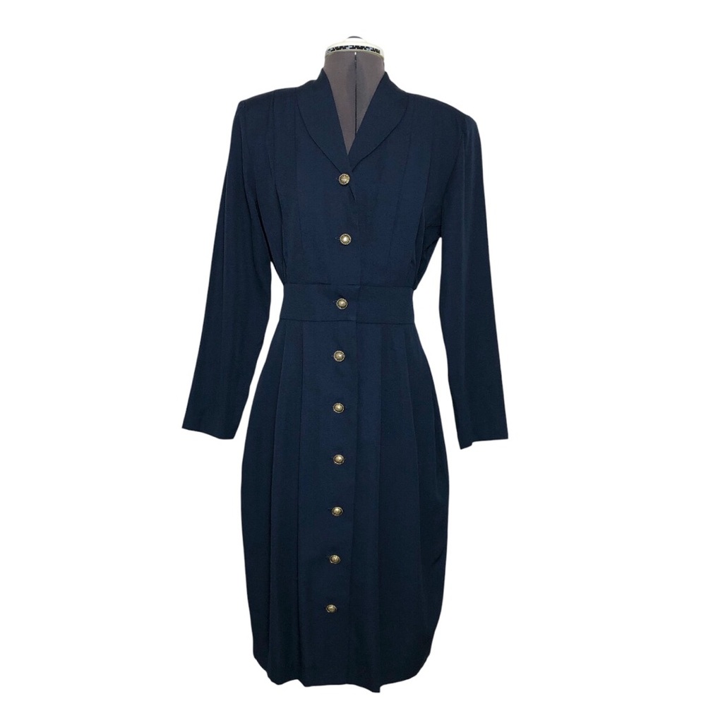 Special Effects Made in USA Rayon Polyester Navy Button Down Collar Dress 10P